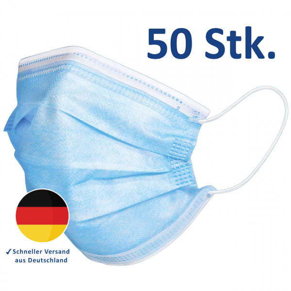 Mundschutz, 3-lagige Einwegmasken, Alltagsmaske blau, 50er Box